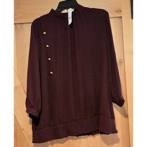 New! NY & Co Size L Burgundy Gold Side Button High Neck Blouse Old Money Smocked